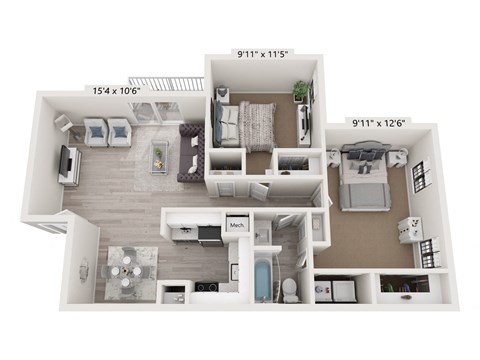 Floor plan for 2 beds, 1 bath, 900 sqft